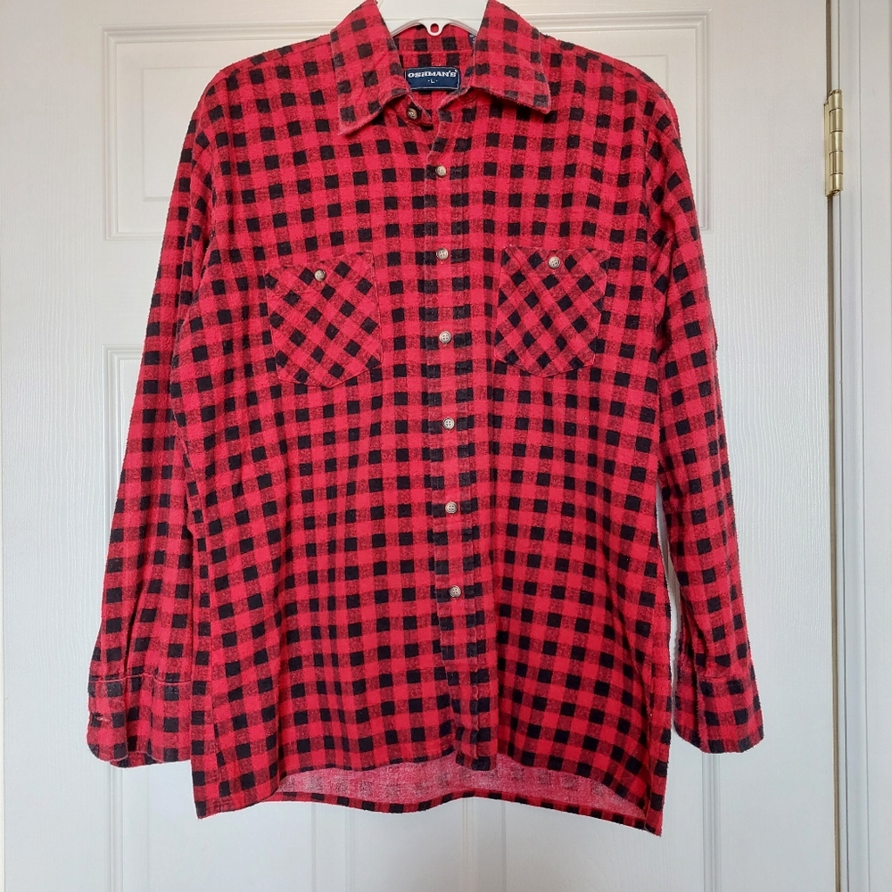 Vtg. Oshman's Cotton Black & Red Plaid With Pockets Long Sleeve  SZ LG Men's